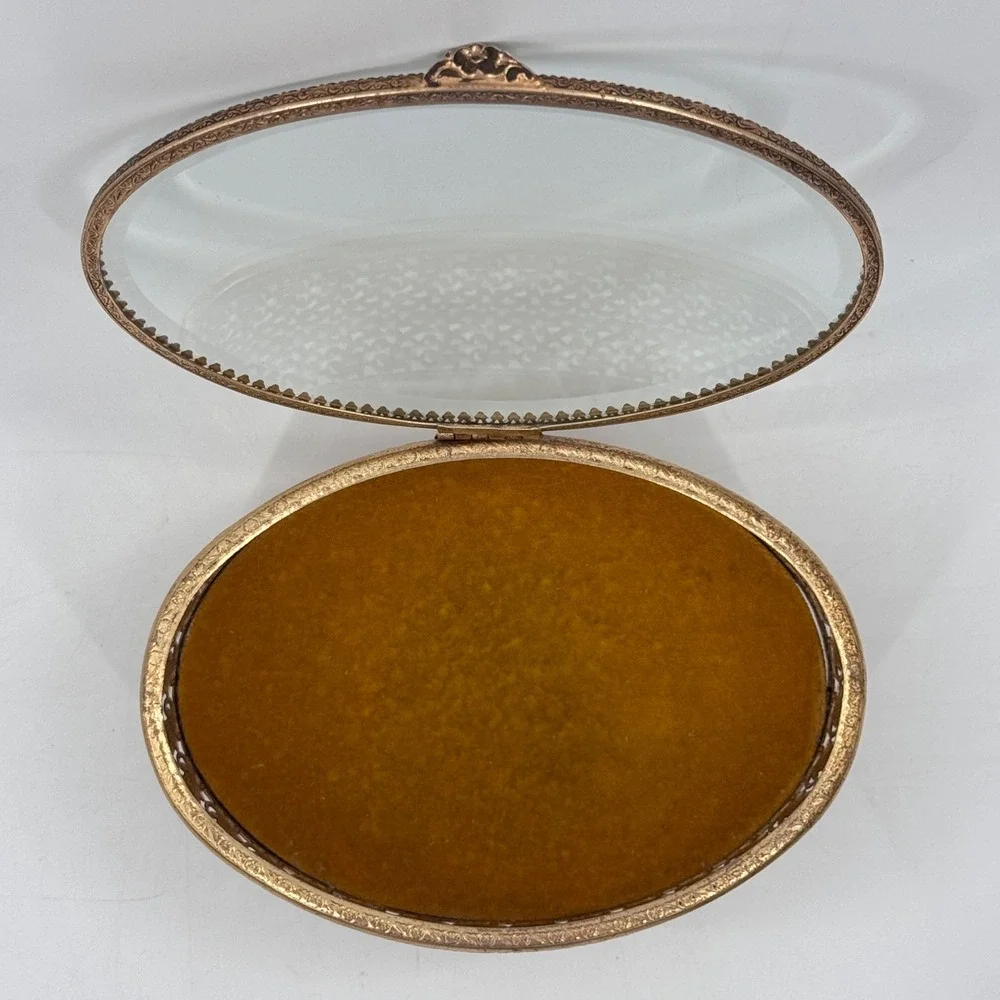 Vintage Ormolu Filigree Jewelry Casket Glass Vanity Box Hollywood Regency